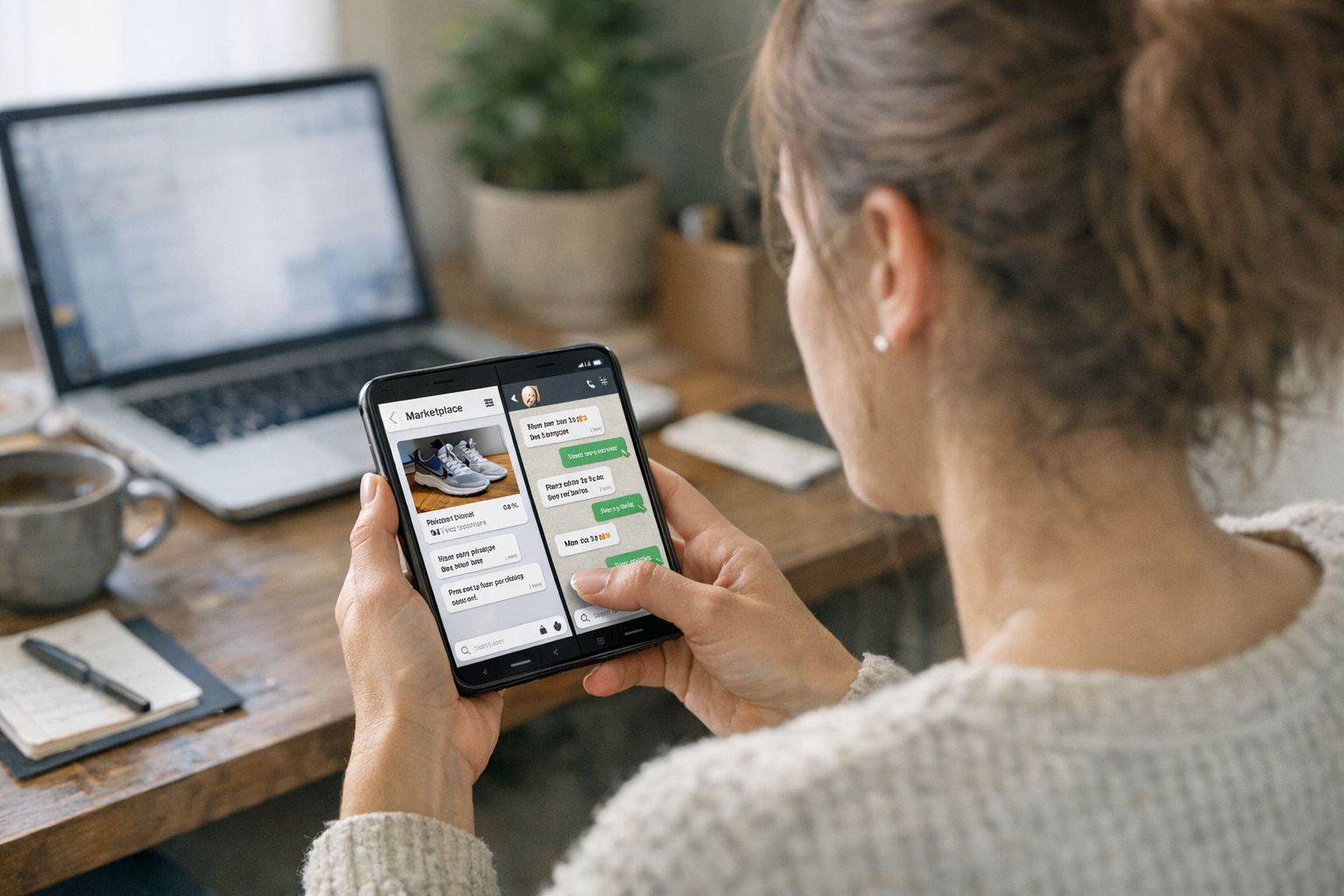 Realistyczna scena osoby używającej jednego smartfona do zarządzania oddzielną k...