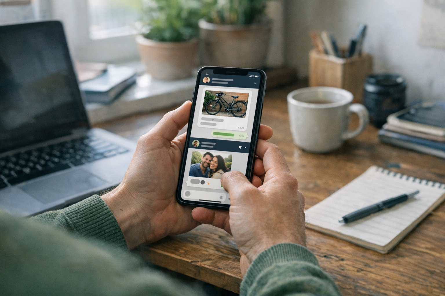 En realistisk scen där en person använder en smartphone för att hantera separat ...