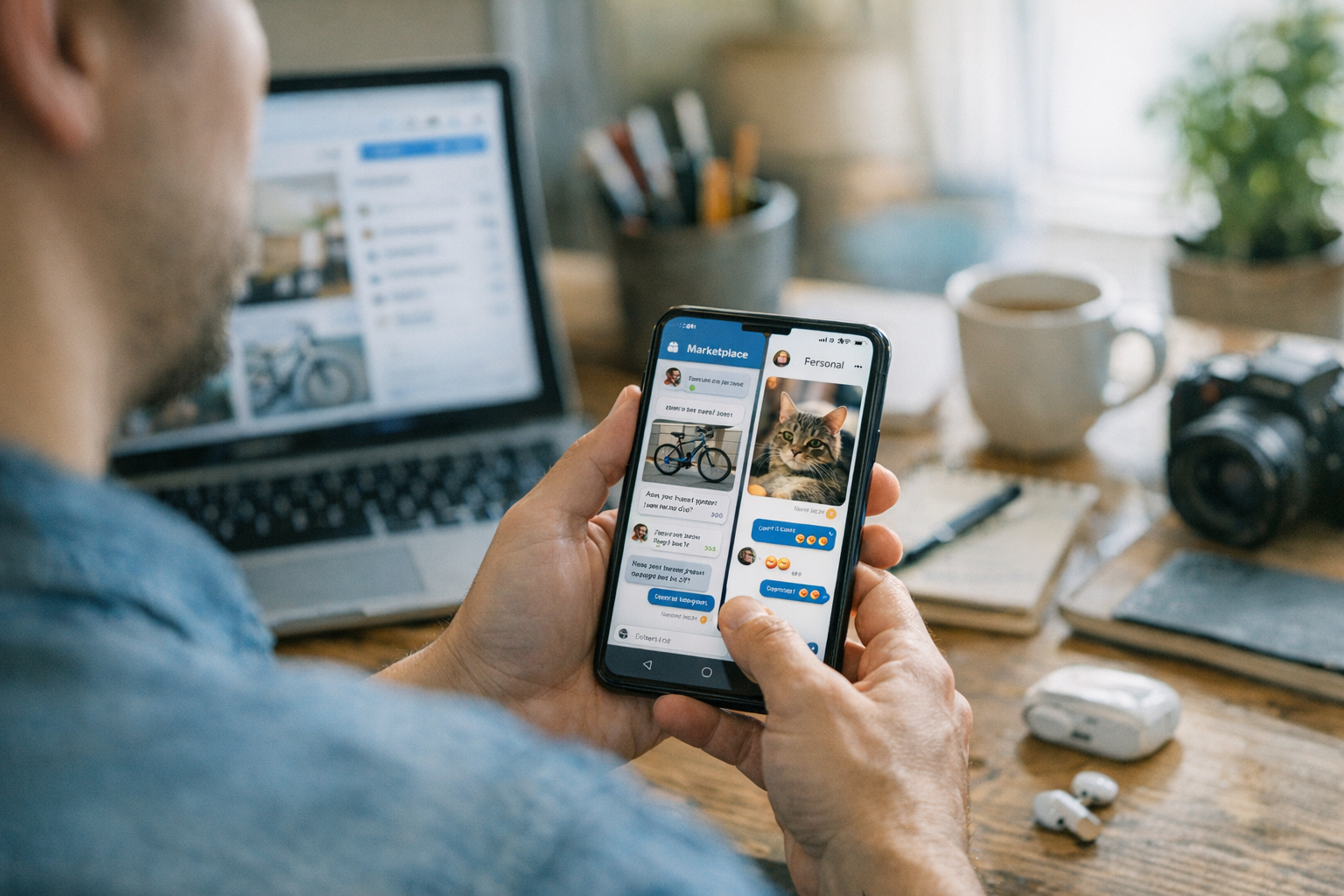 Uma cena realista de uma pessoa usando um único smartphone para gerenciar comuni...