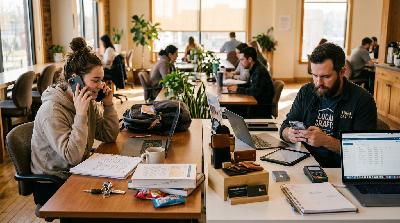 공유 업무 공간의 서로 다른 구역에서 학생과 소규모 사업자가 스마트폰으로 통화와 문자를 관리하는 사실적인 장면