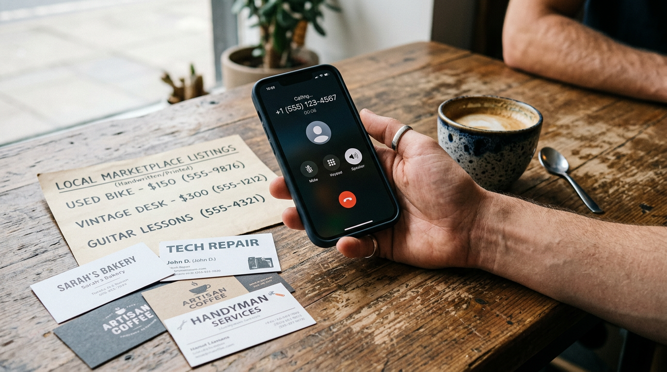 통화 화면이 보이는 스마트폰을 손에 든 모습을 사실적으로 클로즈업한 장면