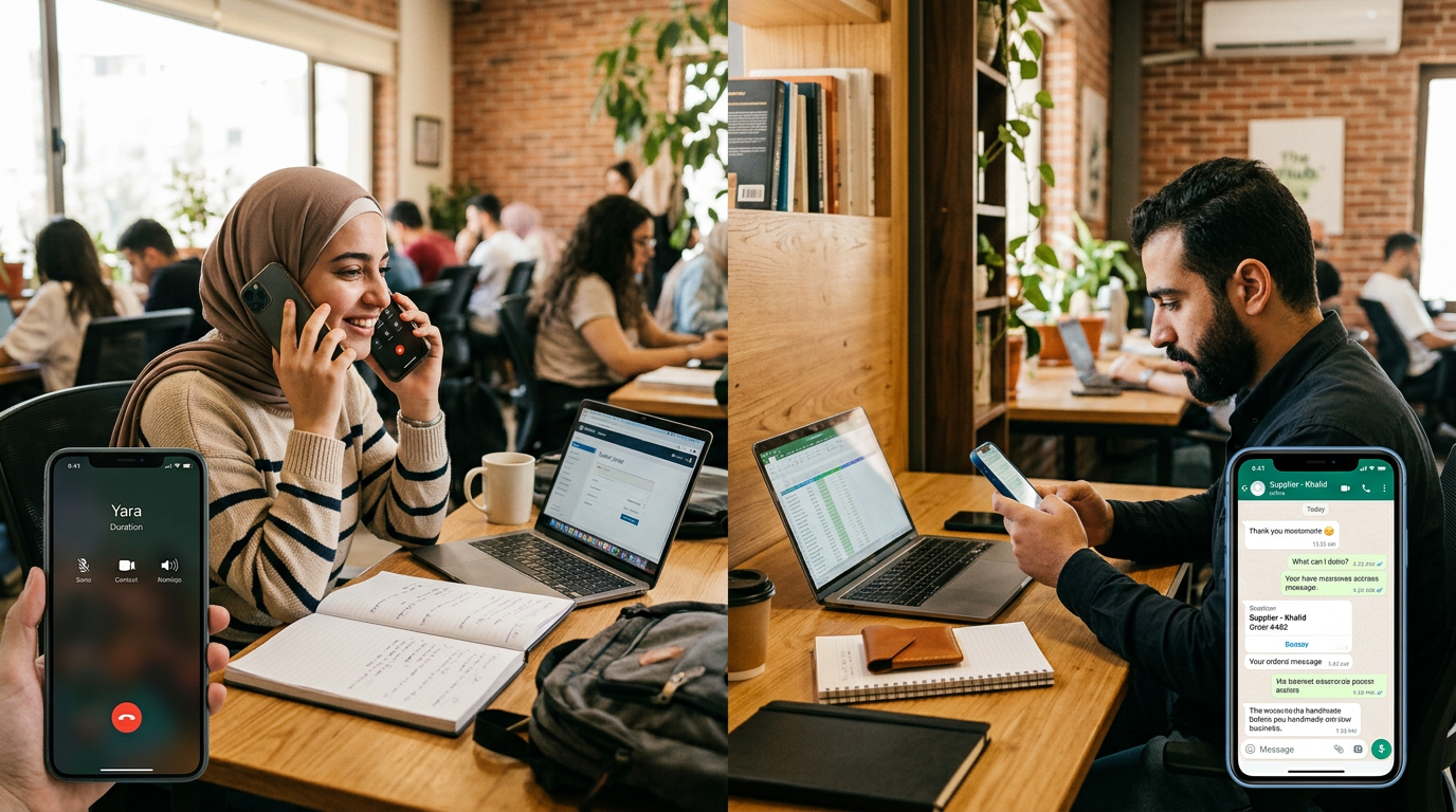 مشهد واقعي لطالب وصاحب مشروع صغير في منطقتين مختلفتين داخل مساحة عمل مشتركة، يست...