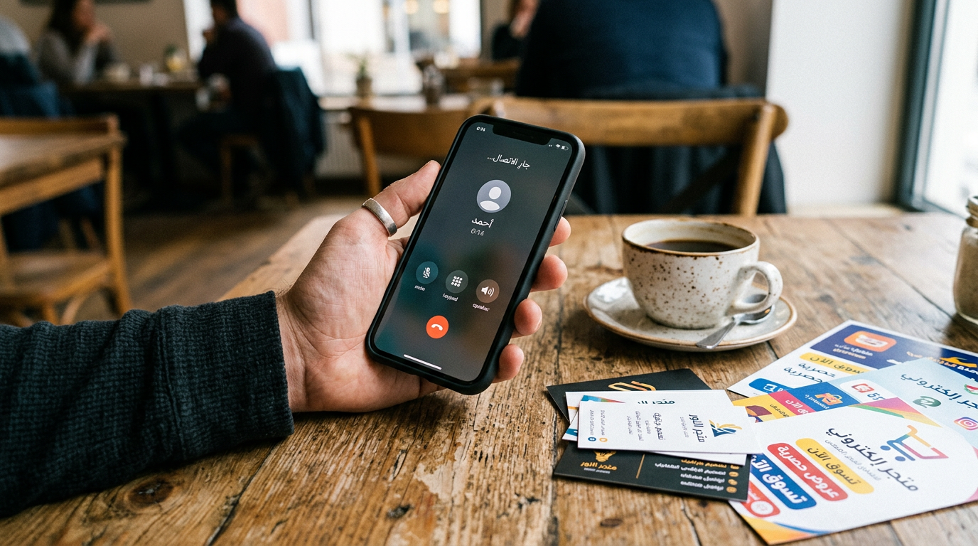 لقطة واقعية مقرّبة ليد تمسك هاتفاً ذكياً تظهر عليه واجهة اتصال، بجوار إعلانات مط...
