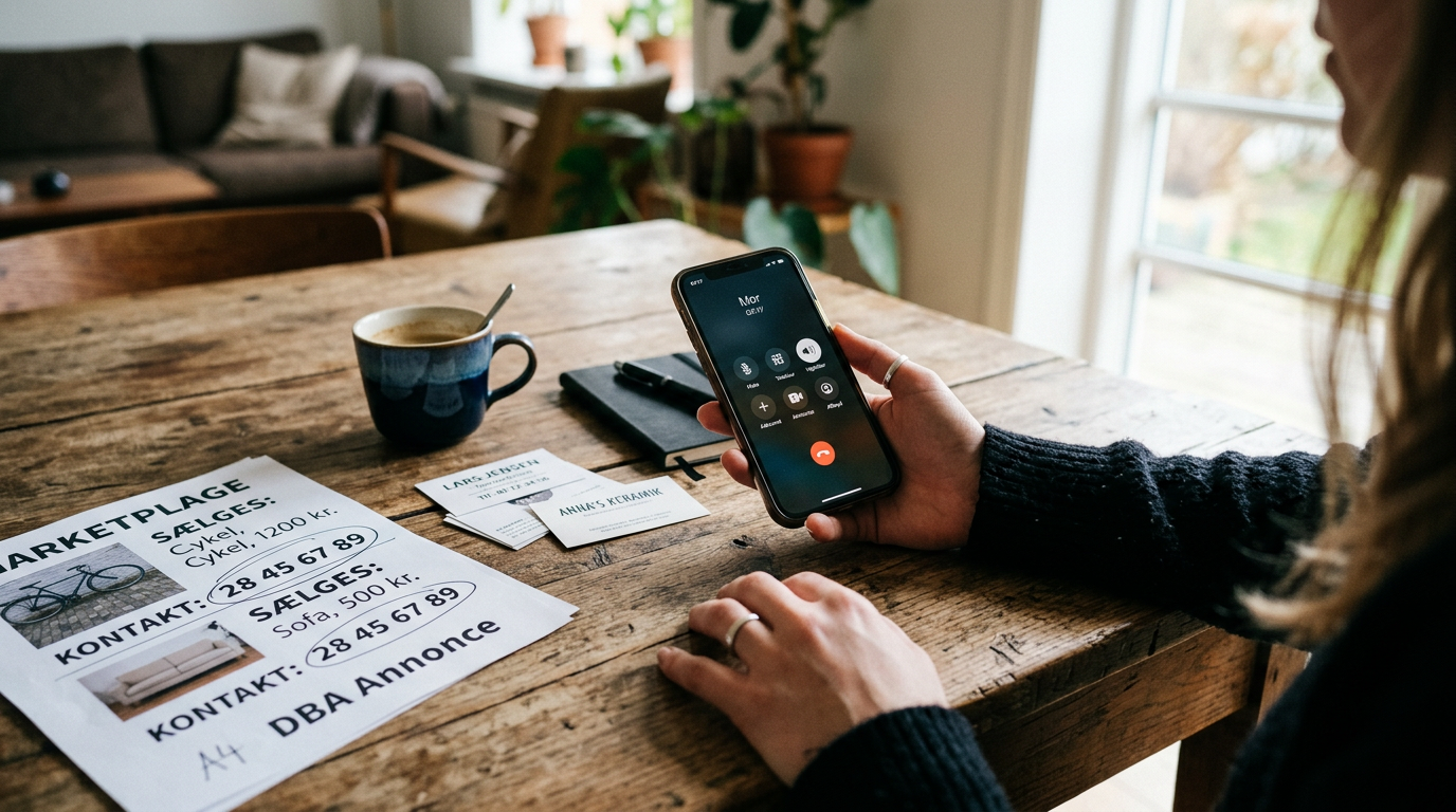 Realistisk nærbillede af en hånd, der holder en smartphone med synlig opkaldsgræ...