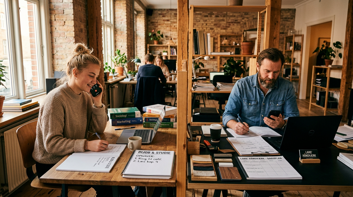 Realistisk scene af en studerende og en lille virksomhedsejer i hver sin del af ...