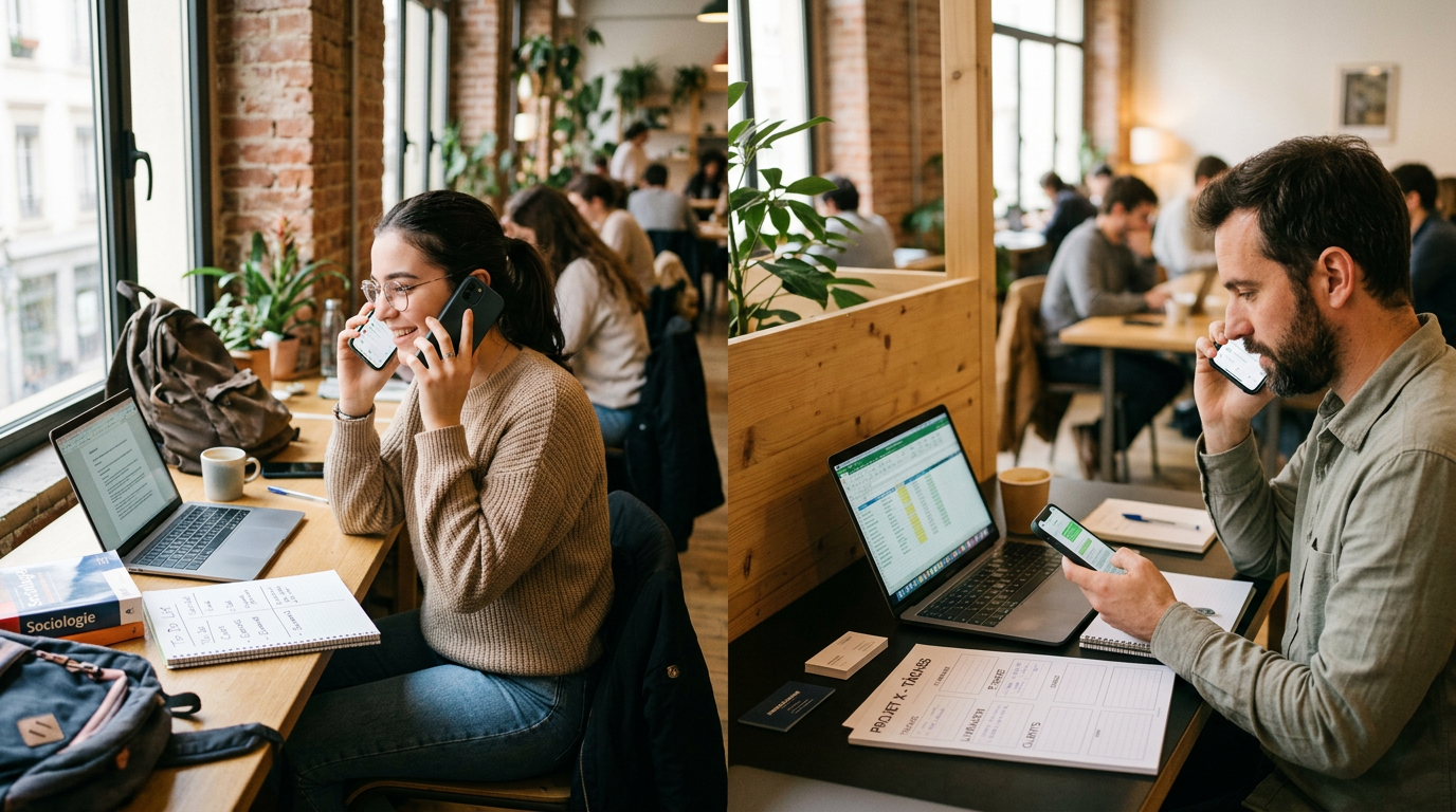 Scène réaliste d’un étudiant et d’un petit entrepreneur dans différentes zones d...