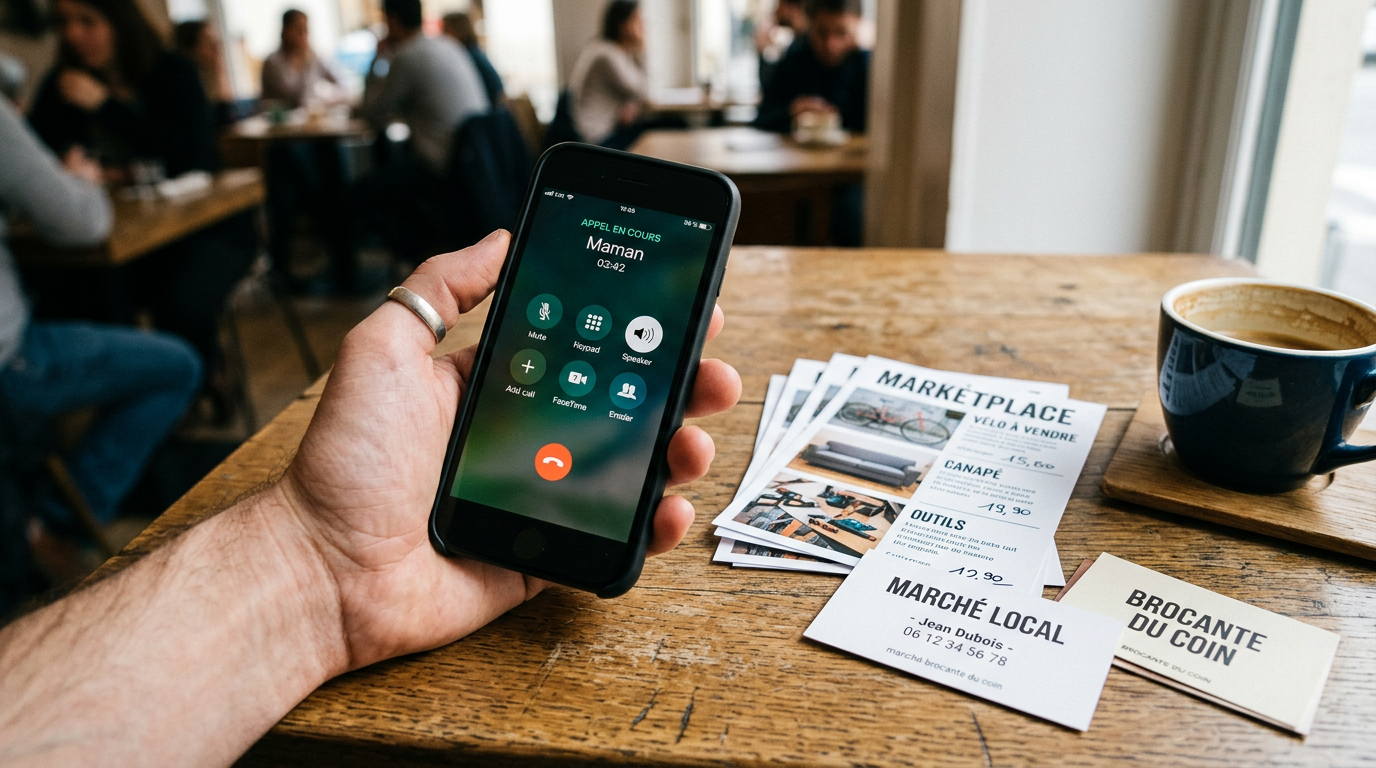 Gros plan réaliste d’une main tenant un smartphone avec une interface d’appel vi...
