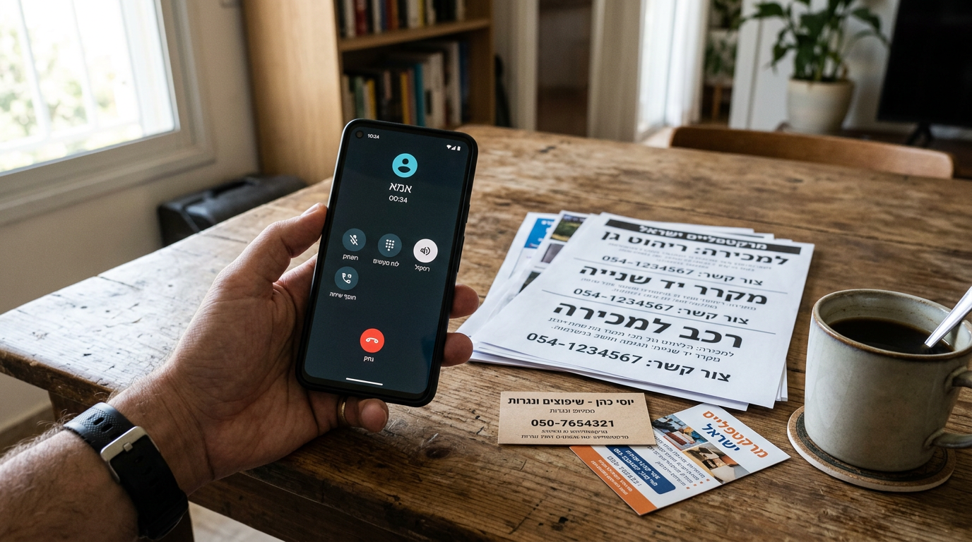 תקריב ריאליסטי של יד שמחזיקה סמארטפון עם ממשק שיחות גלוי, לצד מודעות מודפסות ממר...