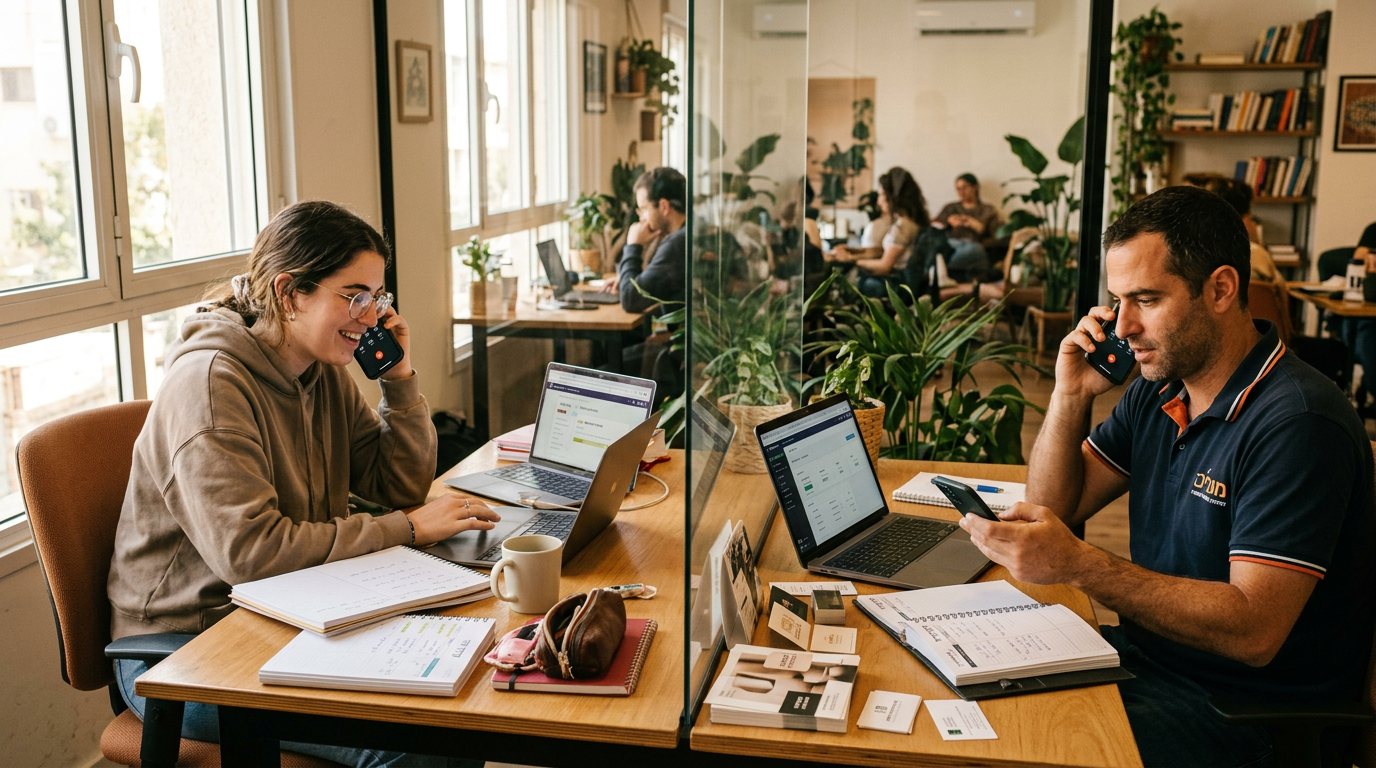 סצנה ריאליסטית של סטודנט ובעל עסק קטן באזורים שונים של חלל עבודה משותף, כשכל אחד...