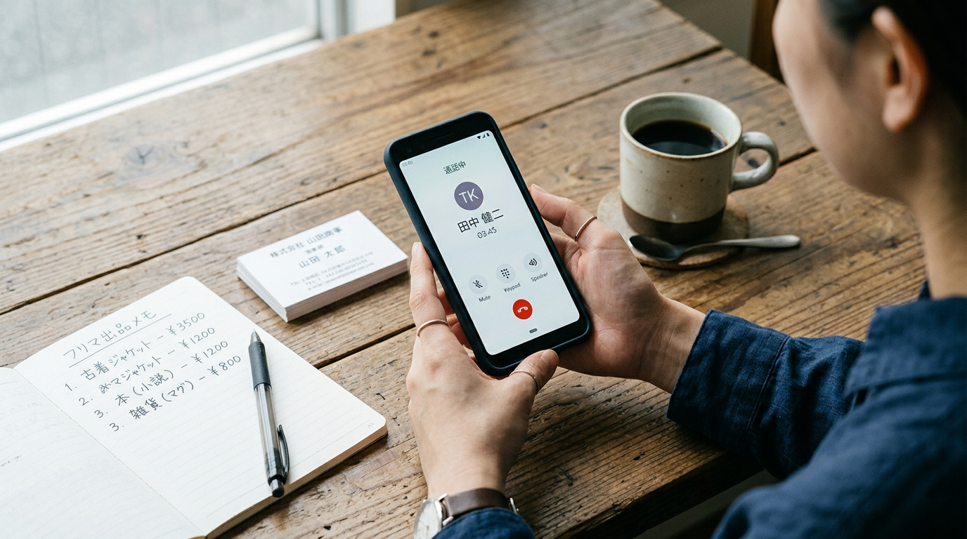 通話画面が表示されたスマートフォンを手に持つ様子のリアルなクローズアップ。木のテーブルの上にはフリマアプリの出品メモ、名刺、コーヒーカップが置かれ、個人連絡と公...