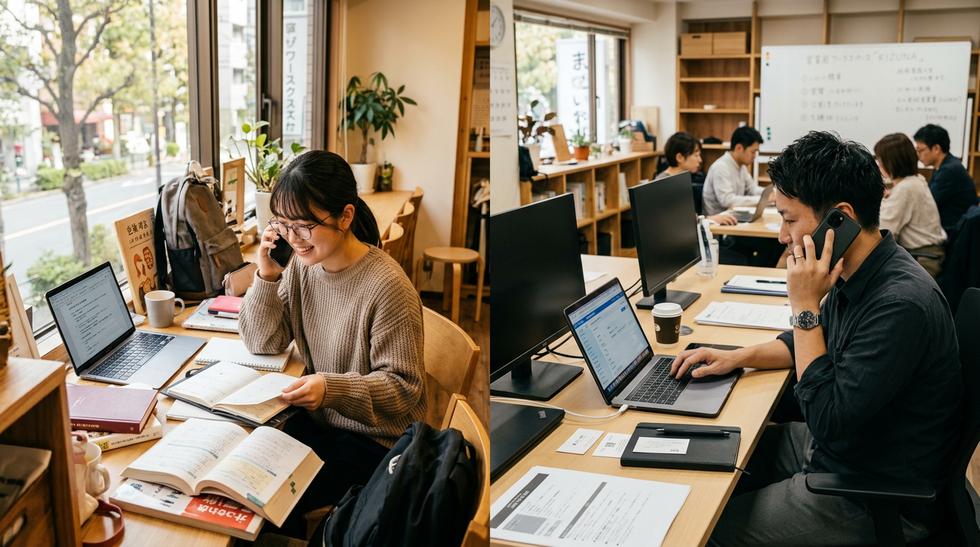 共有ワークスペースの別々の場所で、学生と小規模事業者がそれぞれスマートフォンで通話やメッセージを使いながら日々のタスクを整理しているリアルなシーン。私生活と副業...