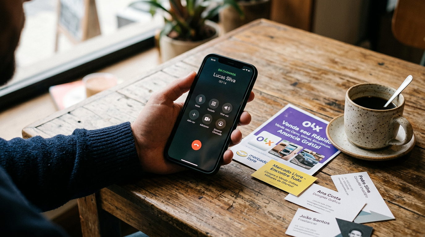 Close realista de uma mão segurando um smartphone com a interface de chamadas vi...