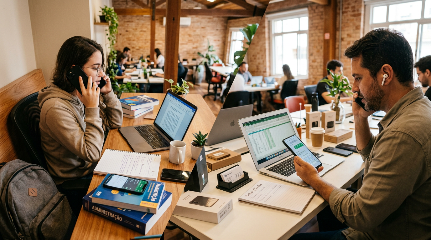 Cena realista de um estudante e de um pequeno empresário em diferentes áreas de ...