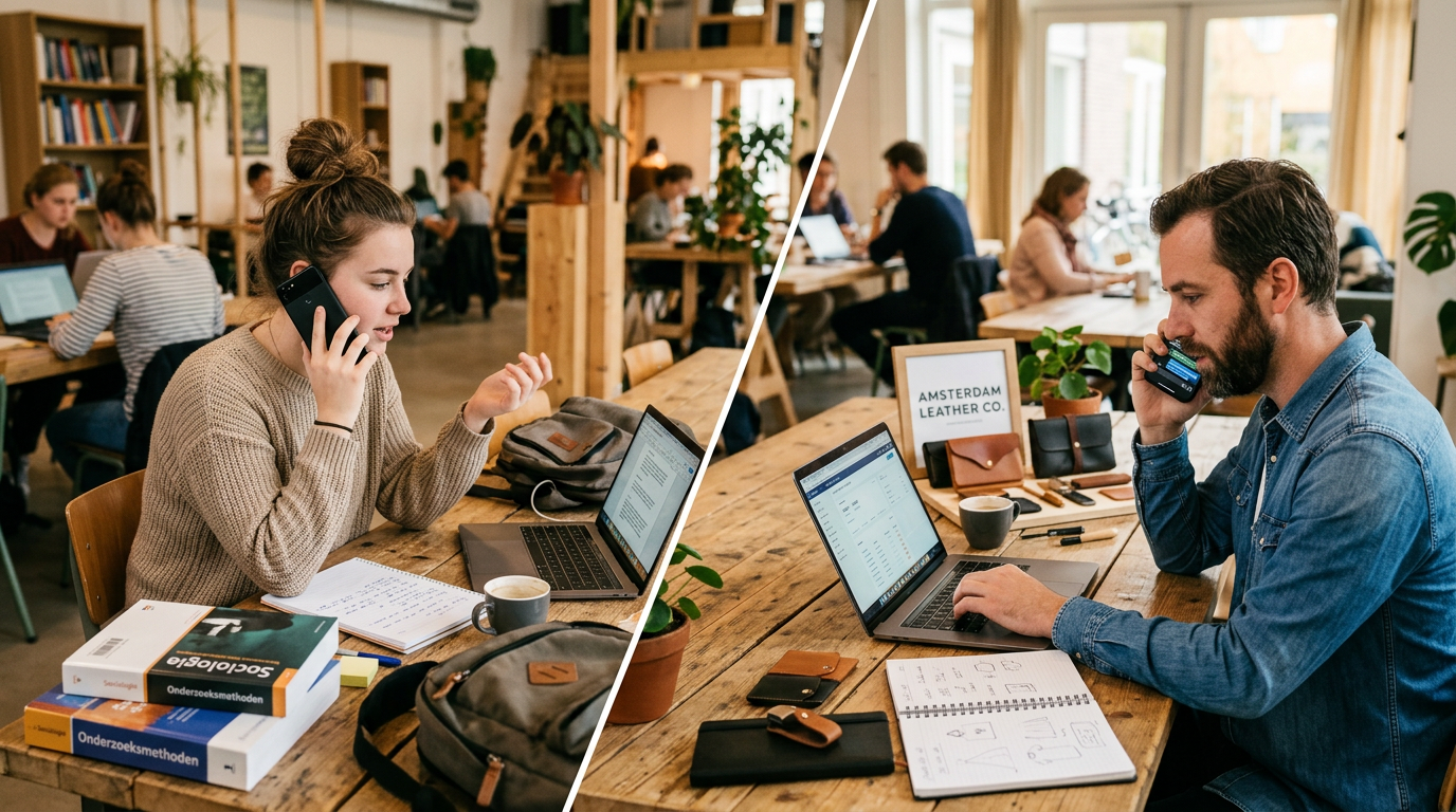 Realistische scène van een student en een kleine ondernemer in verschillende del...