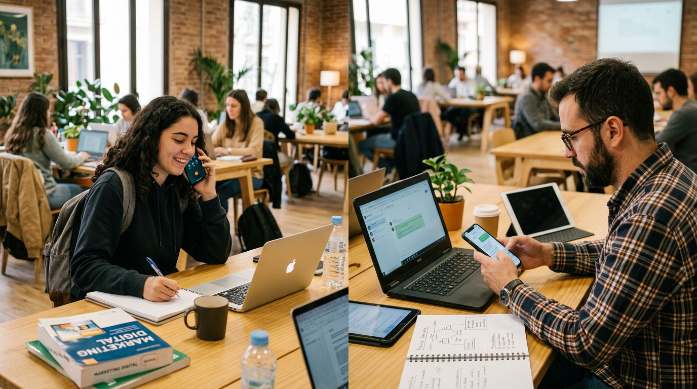 Escena realista de un estudiante y un pequeño empresario en distintas zonas de u...