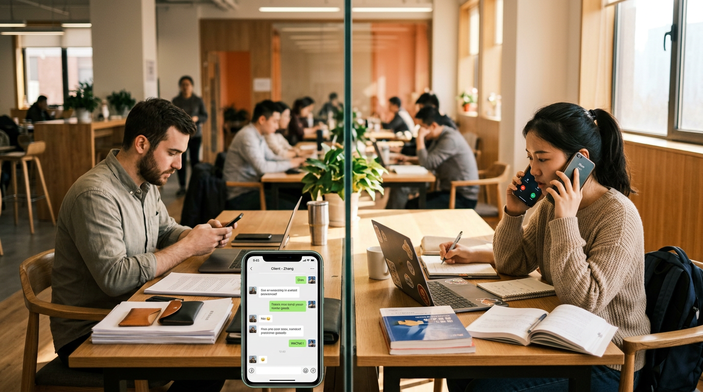 真实生活场景：学生和小企业主位于共享办公空间的不同区域，各自使用智能手机处理通话和短信，同时整理日常任务，画面体现个人生活与副业沟通之间的对比，温暖自然光，真实...