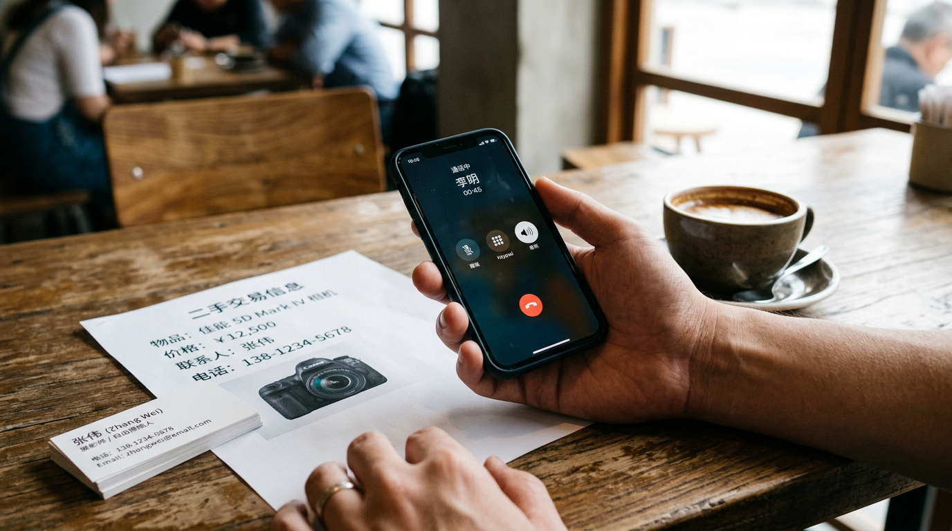 真实风格特写：一只手拿着显示通话界面的智能手机，旁边放着打印的二手交易信息、名片和咖啡杯，体现私人沟通与公开联系分离的概念，自然光，纪实编辑风格，无文字叠加。手...