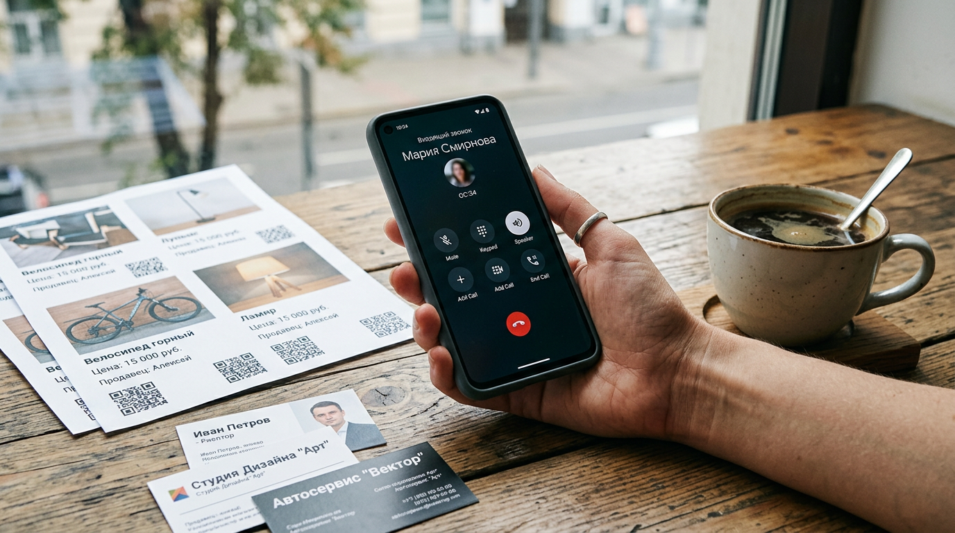 Реалистичный крупный план: рука держит смартфон с видимым интерфейсом звонка ряд...