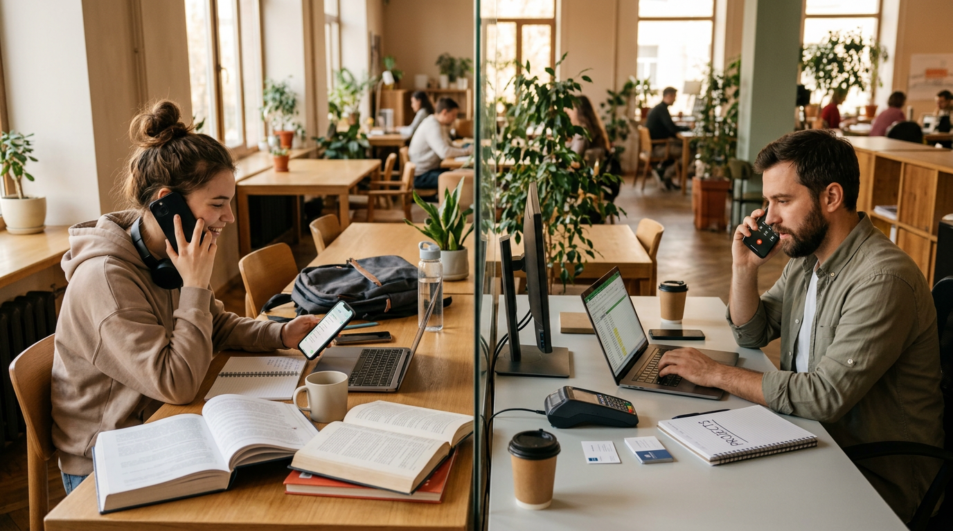 Реалистичная сцена: студент и владелец малого бизнеса находятся в разных зонах о...