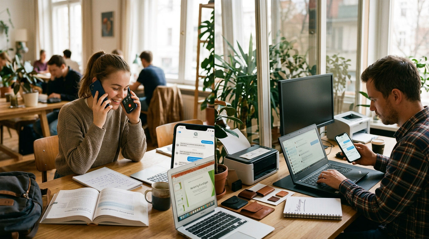 Realistische Szene eines Studierenden und eines Kleinunternehmers in verschieden...