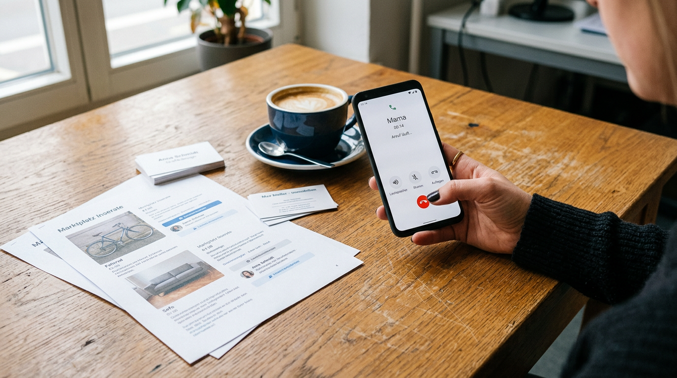 Realistische Nahaufnahme einer Hand, die ein Smartphone mit sichtbarer Anrufober...