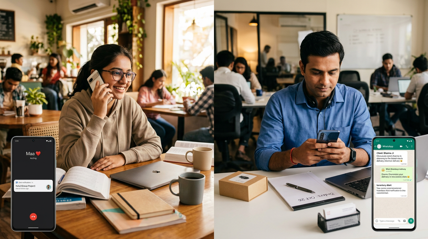 यथार्थवादी दृश्य: एक साझा कार्यस्थल के अलग-अलग हिस्सों में एक छात्र और एक छोटे व...