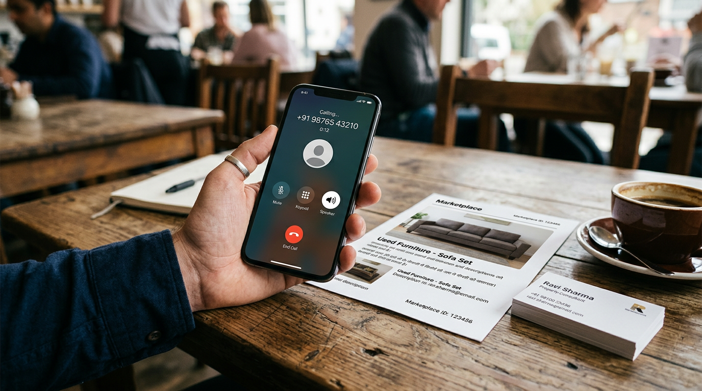 यथार्थवादी क्लोज़-अप: एक हाथ में कॉलिंग इंटरफ़ेस वाला स्मार्टफ़ोन है, पास में प्...