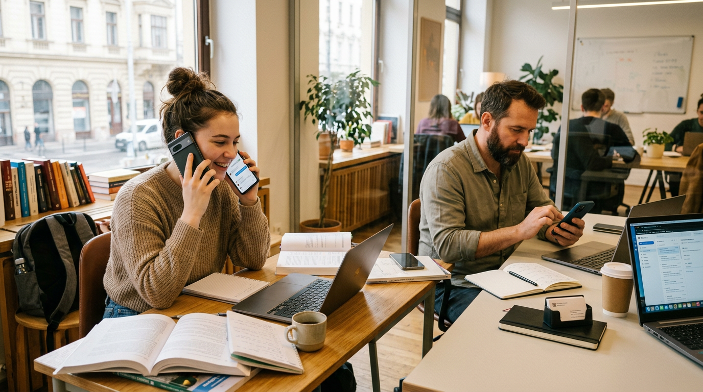 Valósághű jelenet egy diákról és egy kisvállalkozóról egy közös munkatér különbö...