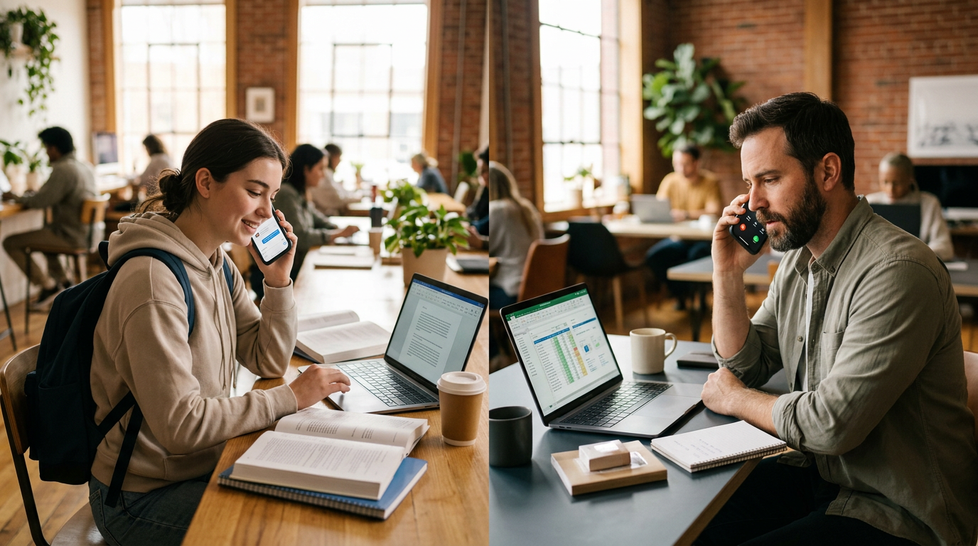 Adegan realistis seorang mahasiswa dan pemilik usaha kecil di area kerja bersama...