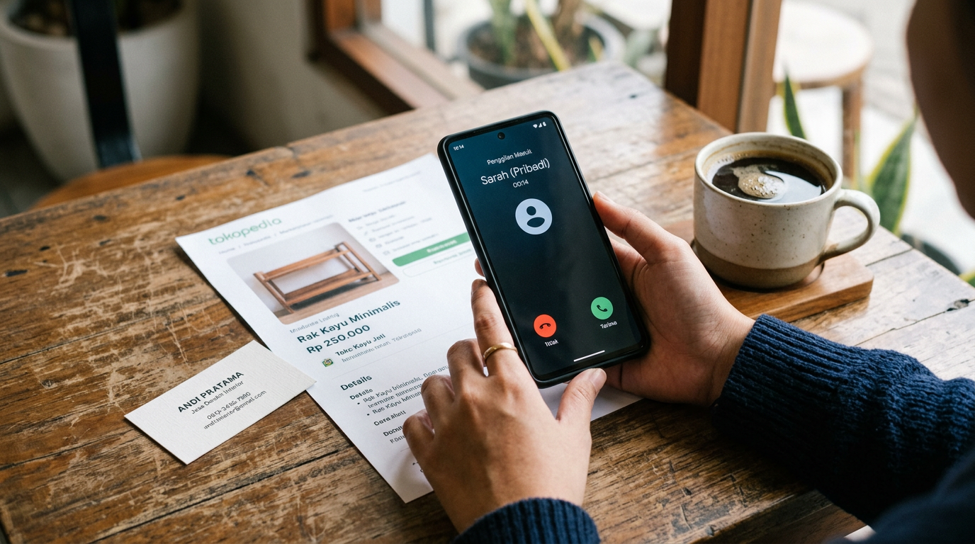 Close-up realistis tangan yang memegang smartphone dengan antarmuka panggilan te...