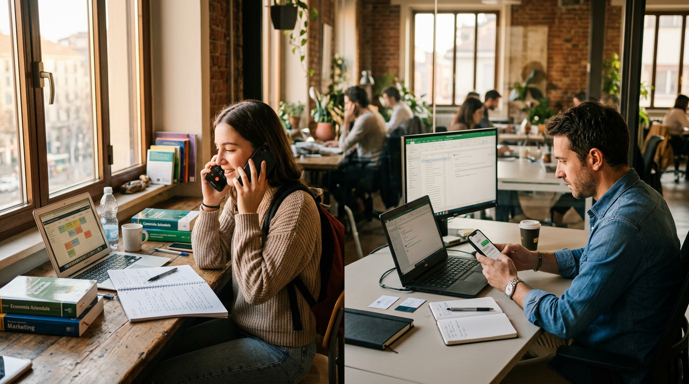 Scena realistica di uno studente e di un piccolo imprenditore in diverse zone di...