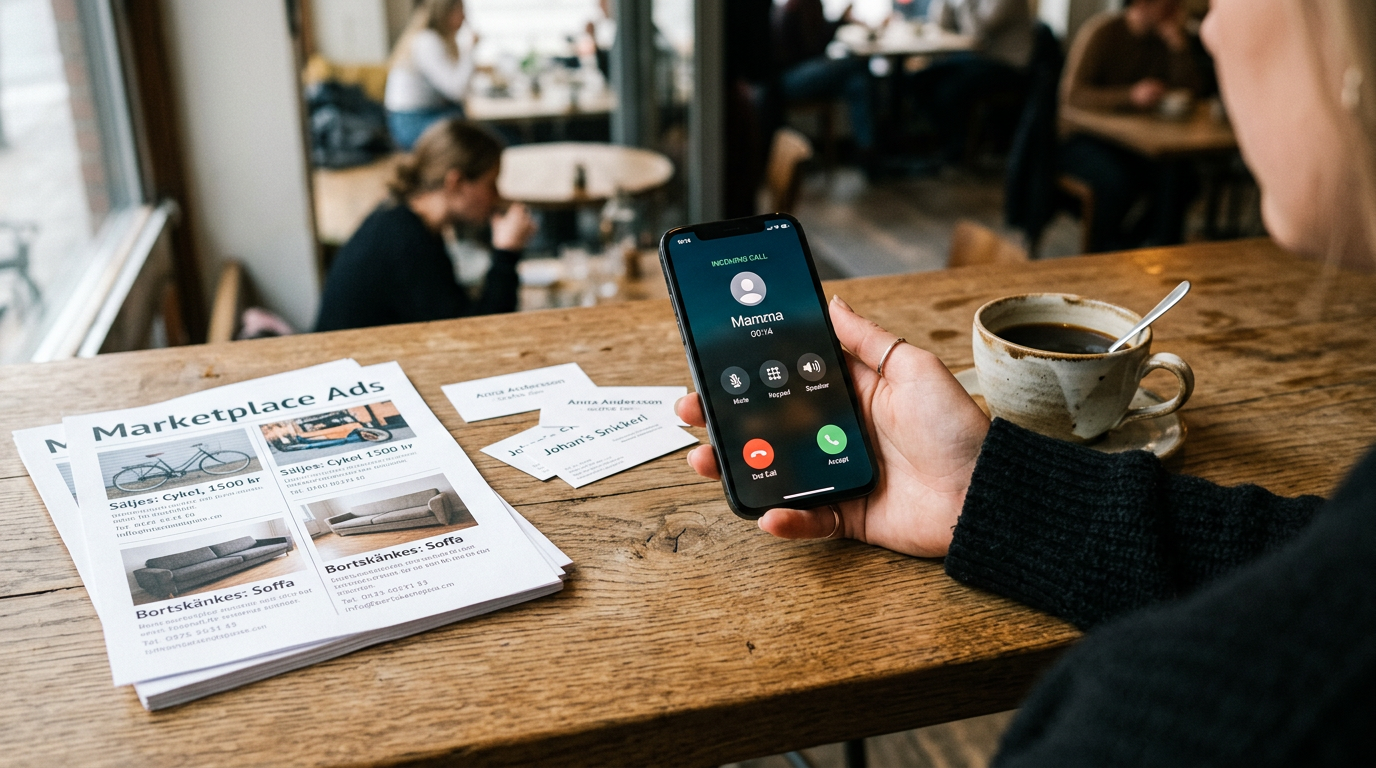 Realistisk närbild av en hand som håller en smartphone med ett synligt samtalsgr...