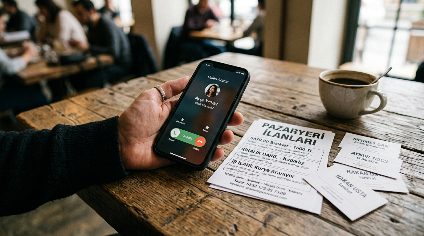 Gerçekçi yakın plan sahne: arama arayüzü görünen bir akıllı telefonu tutan el, y...