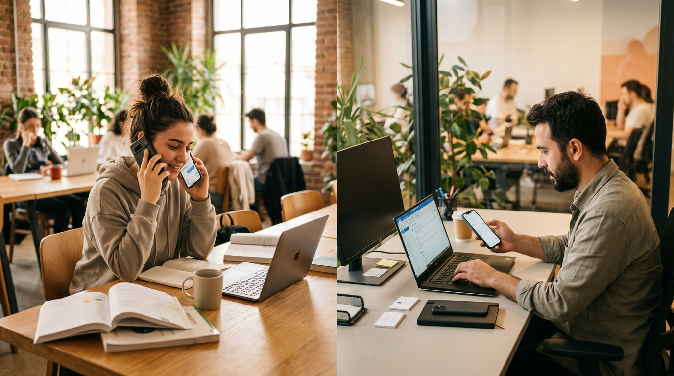Gerçekçi bir sahne: ortak çalışma alanının farklı bölümlerinde bulunan bir öğren...