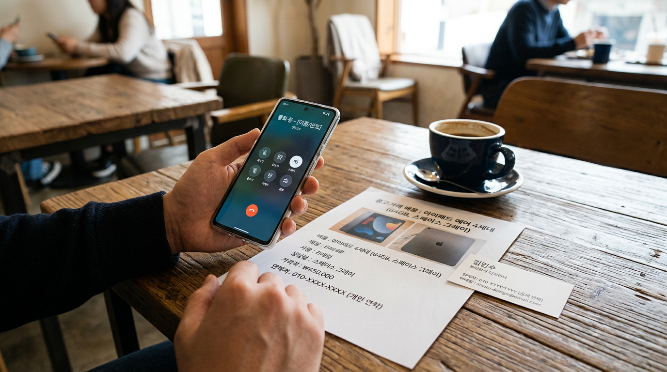 통화 화면이 보이는 스마트폰을 손에 들고 있는 모습을 사실적으로 클로즈업한 장면, 옆에는 인쇄된 중고거래 매물, 명함, 커피잔이 놓인 나무 테이...