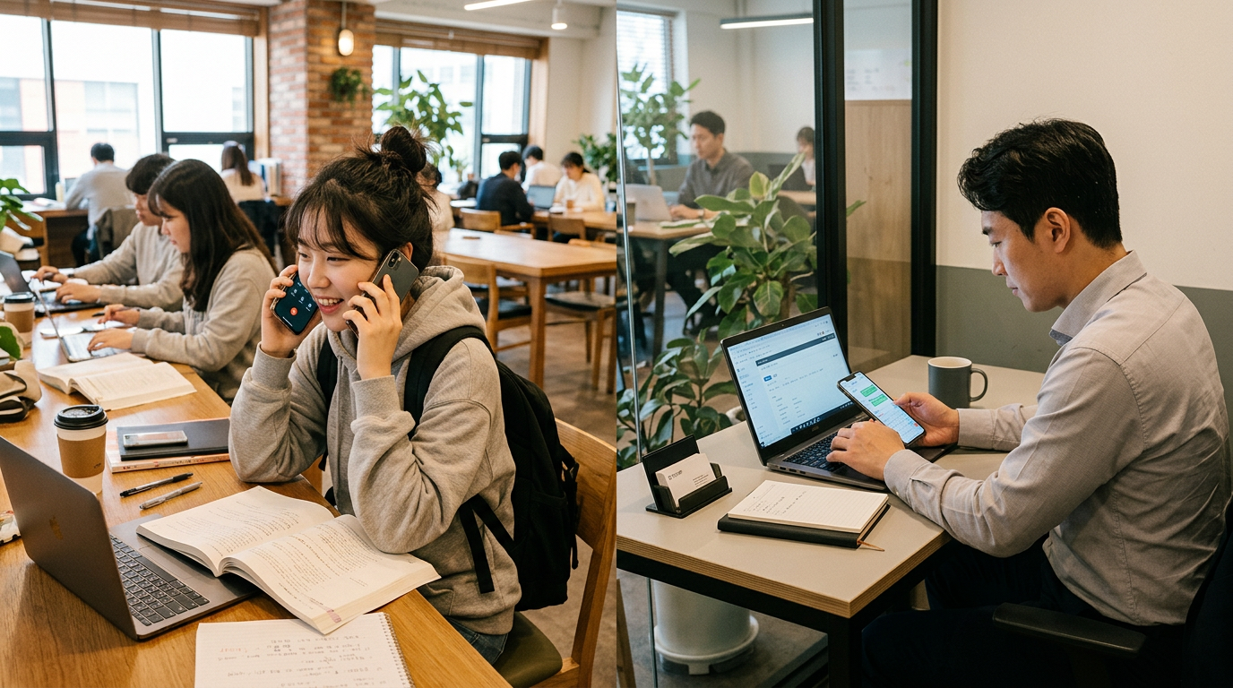 공유 업무 공간의 서로 다른 구역에서 학생과 소규모 사업자가 각자 스마트폰으로 통화와 문자를 하며 일상을 정리하는 사실적인 장면, 개인 생활과 ...