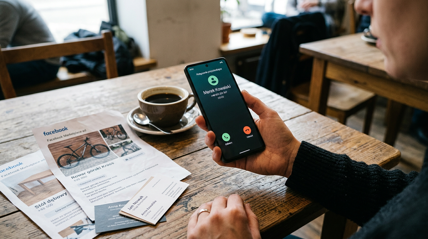 Realistyczne zbliżenie dłoni trzymającej smartfon z widocznym interfejsem połącz...