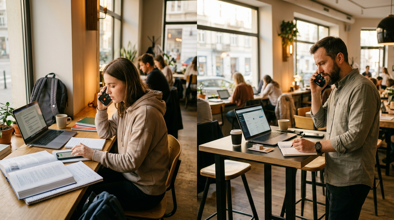 Realistyczna scena studenta i właściciela małej firmy w różnych częściach wspóln...