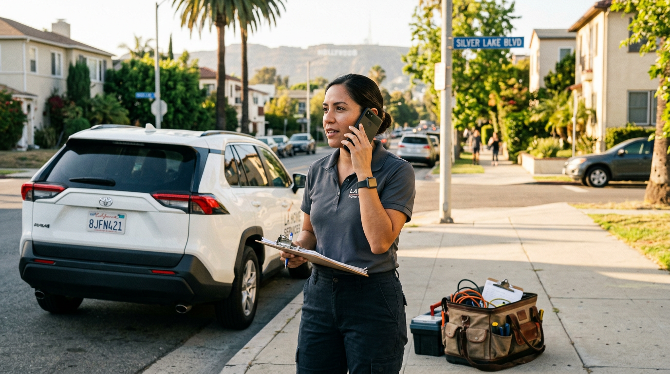 लॉस एंजेलिस में बाहर खड़ा एक छोटा सेवा प्रदाता स्मार्टफ़ोन पर क्लाइंट कॉल समन्वय करता हुआ, यथार्थवादी दृश्य