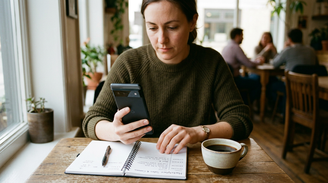 कैफ़े की मेज़ पर बैठा एक व्यक्ति स्मार्टफ़ोन पर मार्केटप्लेस संदेश देखते हुए, यथार्थवादी क्लोज़-अप
