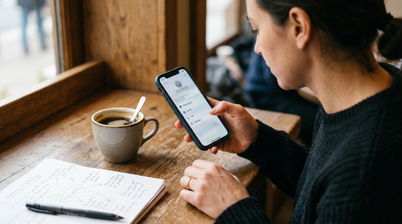 스마트폰에서 연락 수단을 비교 검토하는 사람의 사실적인 클로즈업 장면