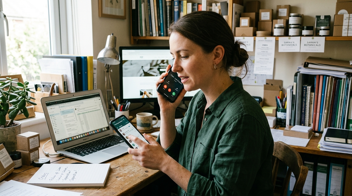 작은 업무 공간에서 전화를 받으며 고객 메시지를 관리하는 소상공인의 사실적인 장면