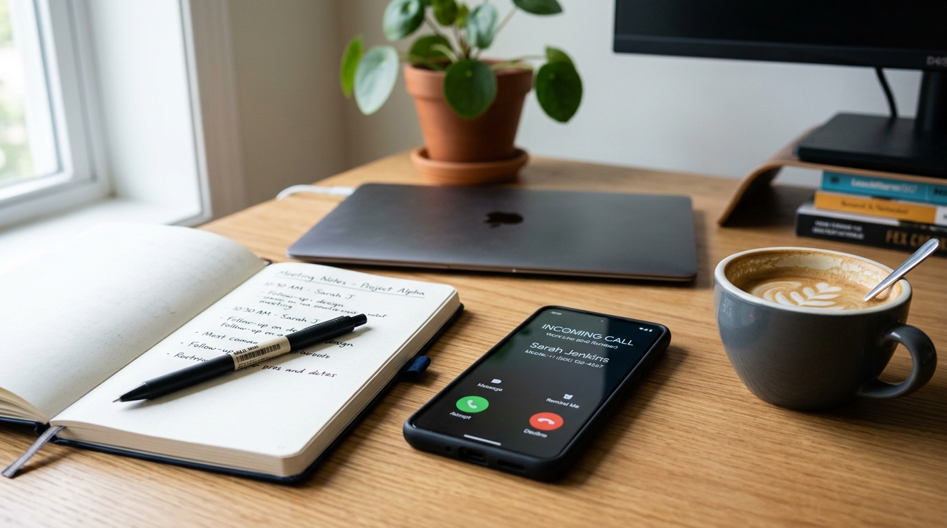 노트북과 커피컵 옆 책상 위 스마트폰이 놓인 현실적인 업무 공간 클로즈업 장면...