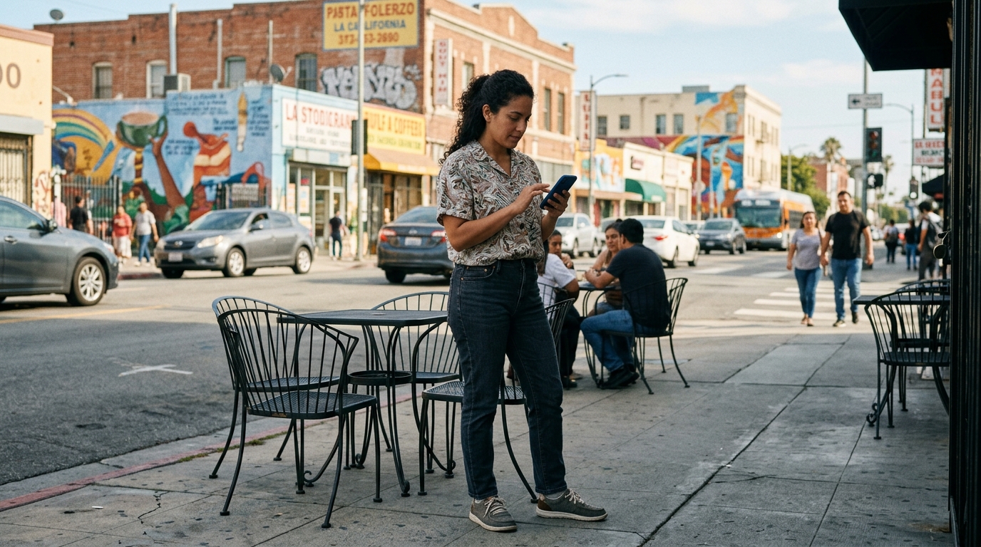 스마트폰으로 마켓플레이스나 프리랜서 연락을 관리하는 인물이 보이는 로스앤젤레스 동네 거리의 현실적인 장면...