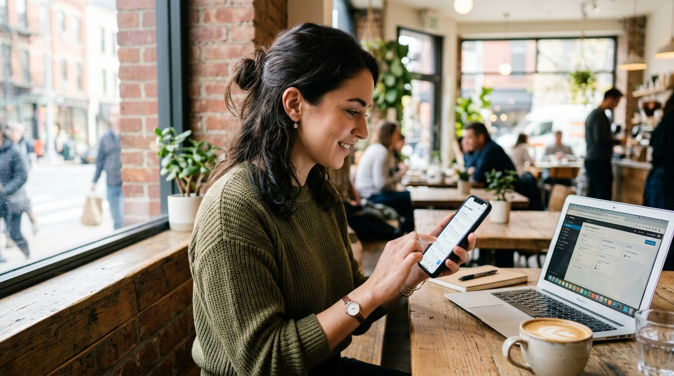 פרילנסר ממוקד יושב בבית קפה מודרני ומואר, מנהל בביטחון את התקשורת העסקית שלו בסמארטפון.