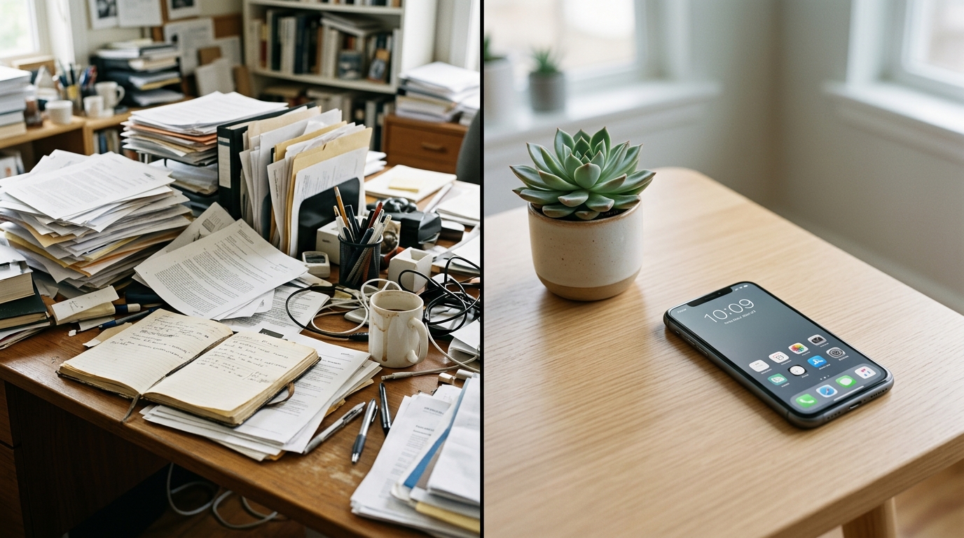 צילום קונספטואלי בסגנון מסך חצוי המציג שולחן עבודה מבולגן עם מכשירים לא מאורגנים לעומת חלל עבודה נקי וממוקד בדיגיטל.