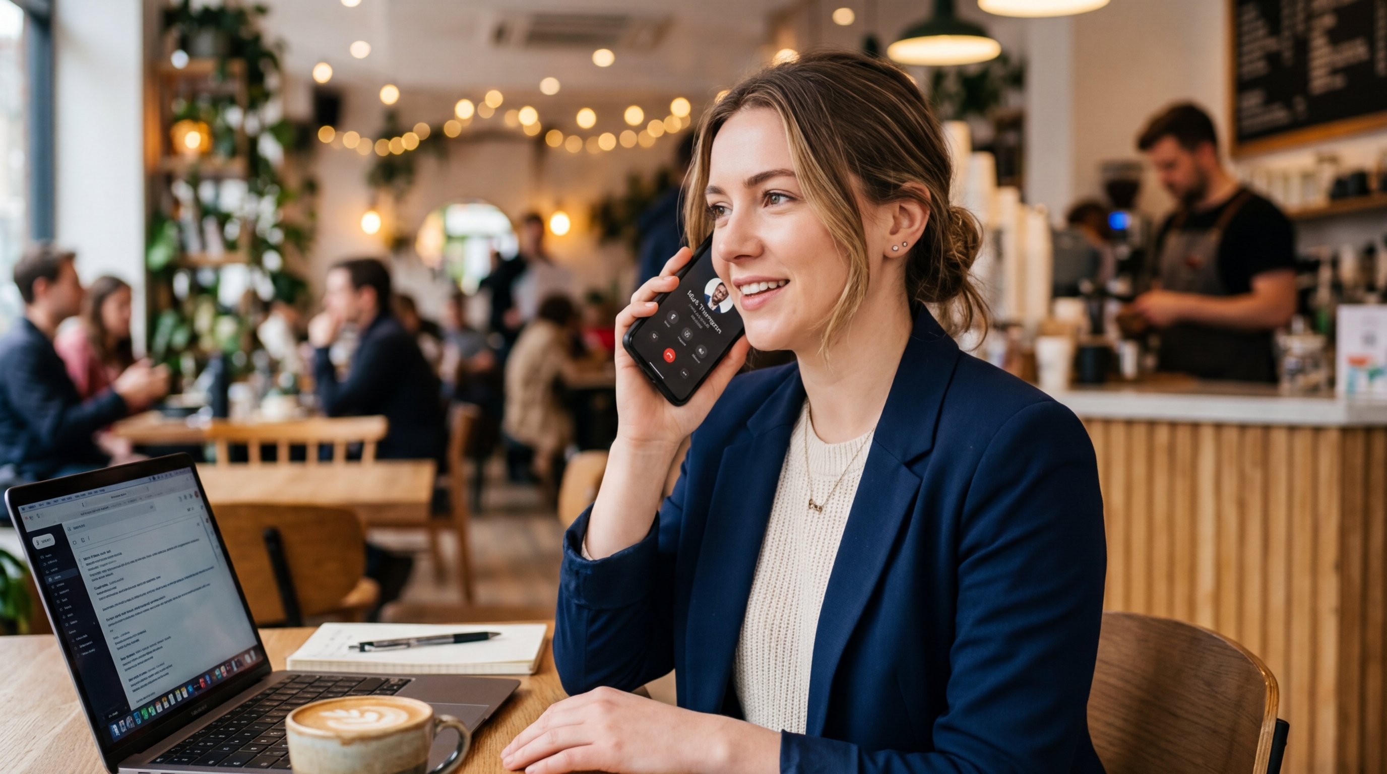 Nahaufnahme einer Person in einem belebten, modernen Café, die ein Smartphone hält