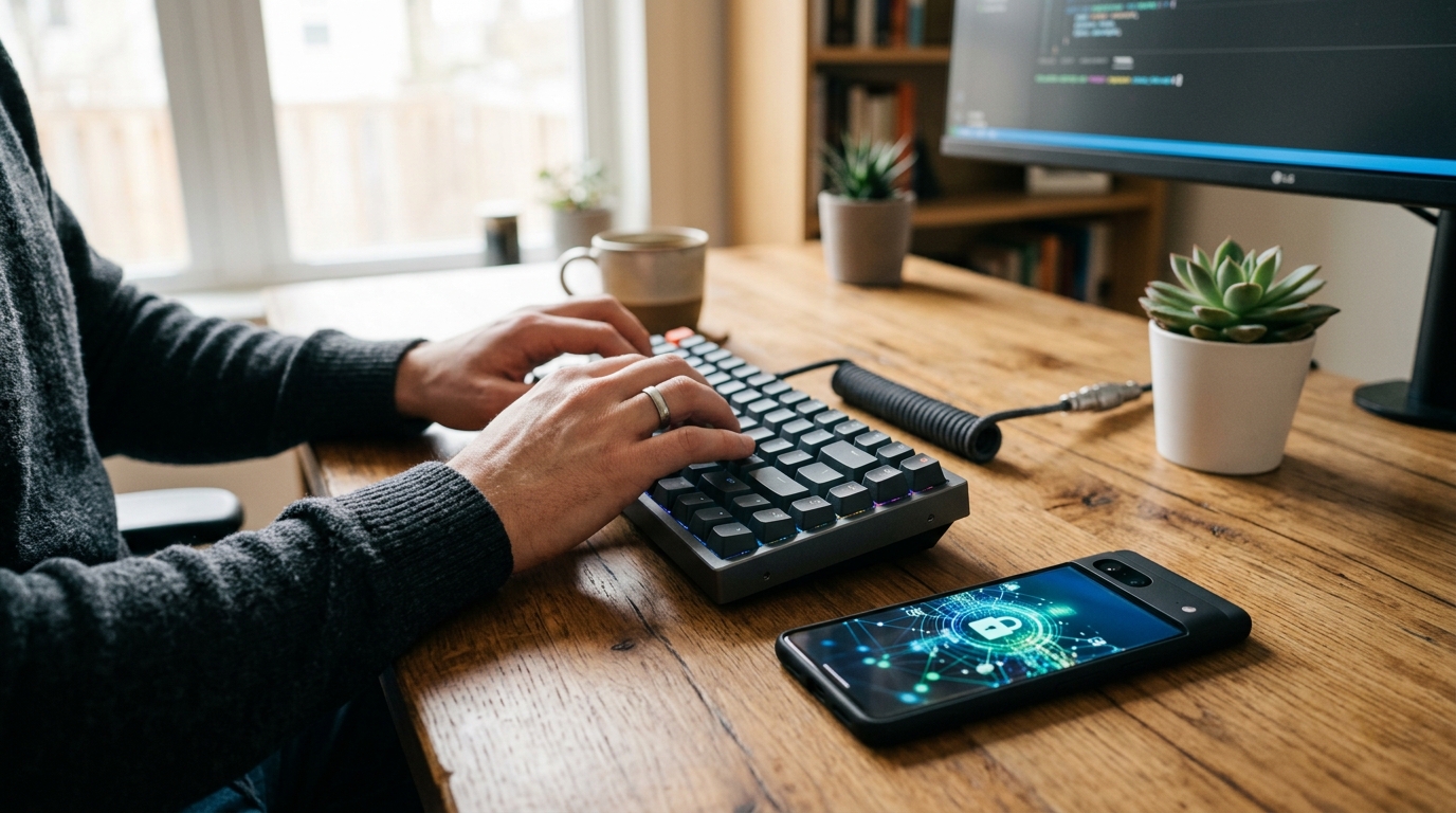 기계식 키보드로 작업하는 현대적인 워크스페이스와 스마트폰
