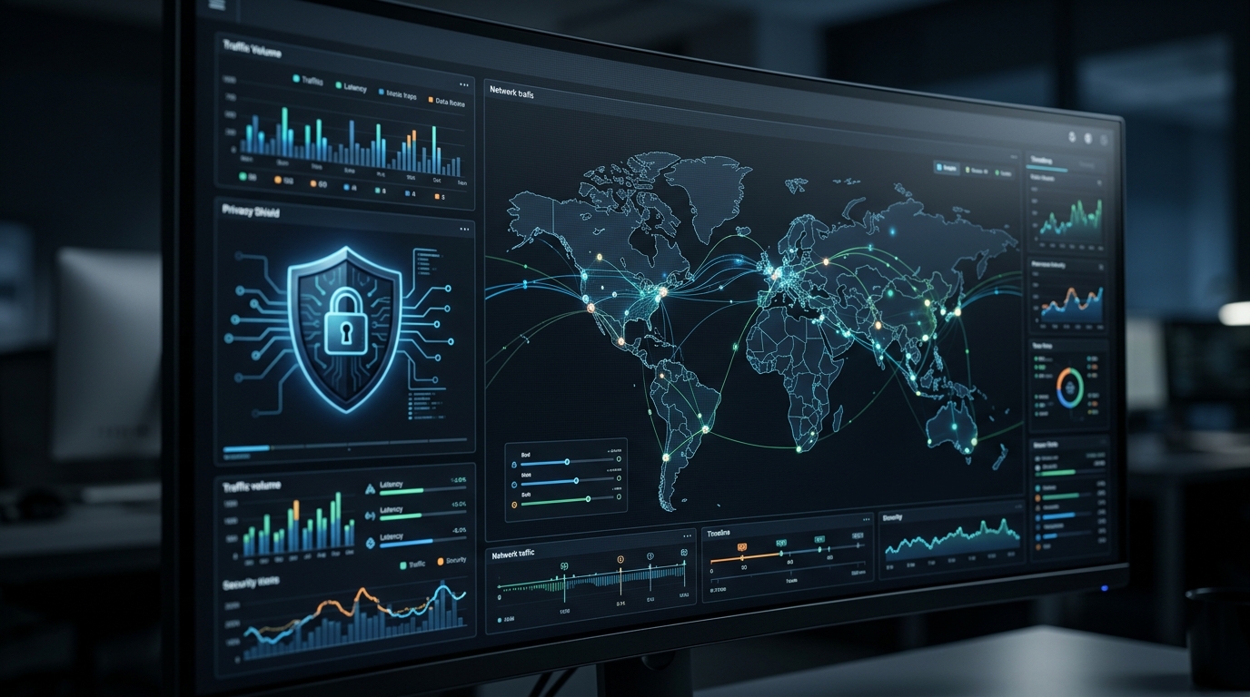 네트워크 트래픽 분석을 보여주는 다크 테마의 디지털 대시보드
