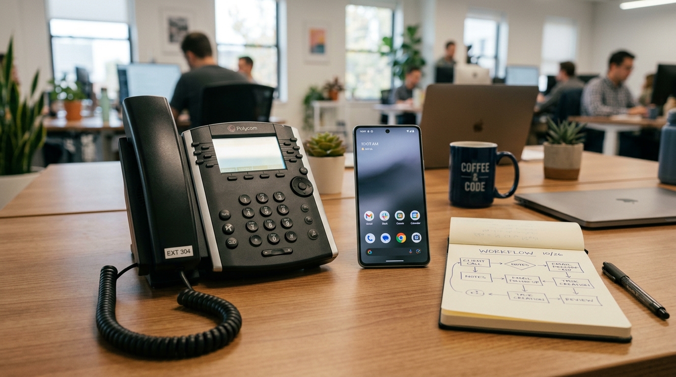 Ein organisierter Schreibtisch, der zwei verschiedene Kommunikationsumgebungen zeigt: ein traditionelles Bürotelefon neben einem modernen Smartphone.